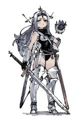 Rule 34 | 1girl, animal, armor, bare shoulders, bat (animal), black leotard, blush, closed mouth, covered navel, cross, dot mouth, fingerless gloves, flying, gloves, greaves, grey background, grey eyes, grey hair, halo, hand on own hip, holding, holding sword, holding weapon, knight, leotard, long hair, original, pointy ears, sasami (ki), scabbard, sheath, short eyebrows, simple background, single bare shoulder, solo, standing, sword, turtleneck, unsheathed, vambraces, weapon