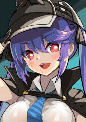 Rule 34 | 1girl, among us, among us eyes (meme), azur lane, blue hair, breasts, coat, crewmate (among us), deerstalker, detective, essex (azur lane), essex (detective essex) (azur lane), hat, highres, hm (hmongt), large breasts, long hair, looking at viewer, meme, necktie, red eyes, shirt, sleeveless, sleeveless shirt, smile, solo, trench coat, twintails, upper body