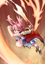 Rule 34 | 1girl, antenna hair, blue skirt, boots, bright pupils, cape, fighting, fire, flaming sword, flaming weapon, full body, fur trim, grin, hair ornament, highres, jumping, long hair, midair, original, pink eyes, pink hair, pink pupils, pink shirt, pink socks, pleated skirt, red cape, rightorisamraido3, shirt, skirt, sleeveless, smile, socks, solo, sword, twintails, v-shaped eyebrows, weapon