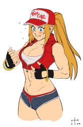 Rule 34 | 1girl, absurdres, blonde hair, blue eyes, blush, breasts, cleavage, crop top, fatal fury, gender request, genderswap, highres, large breasts, midriff, navel, snk, snk heroines: tag team frenzy, solo, terry bogard, the king of fighters, unzipped