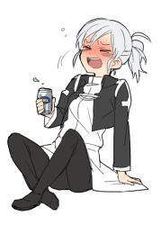 Rule 34 | 00s, 1girl, 6 (yuchae), = =, beer can, black pantyhose, blush, can, cropped jacket, drink can, drunk, full-face blush, melty blood, pantyhose, riesbyfe stridberg, short ponytail, solo, tsukihime, white hair