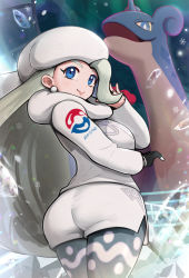 Rule 34 | 1girl, blue eyes, breasts, creatures (company), game freak, gen 1 pokemon, gloves, gonzarez, hat, highres, lapras, large breasts, long hair, mature female, melony (pokemon), multicolored hair, nintendo, pantyhose, pantyhose under shorts, plump, poke ball, pokemon, pokemon (creature), pokemon swsh, scarf, shorts, single glove, streaked hair, sweater, ultra ball, white headwear, white scarf, white sweater