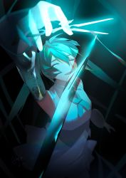 Rule 34 | 1girl, agyou sonokou l, aqua eyes, aqua hair, aqua necktie, arm up, bare shoulders, black background, black sleeves, blood, blood on face, bubble, commentary, cutting, detached sleeves, glowing, half-closed eye, hatsune miku, highres, holding, holding scissors, long hair, looking up, necktie, one eye closed, open mouth, ribbon, scissors, shirt, sleeveless, sleeveless shirt, smile, solo, twintails, very long hair, vocaloid