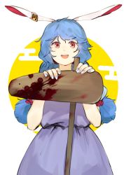 Rule 34 | 1girl, :d, animal ears, blood, blood splatter, blue dress, blue hair, blue nails, commentary, cowboy shot, dress, fingernails, hair ribbon, hands up, highres, kine, light blush, long hair, looking at viewer, mallet, nail polish, open mouth, rabbit ears, rabbit girl, red eyes, red ribbon, ribbon, seiran (touhou), smile, solo, suehachi (hikage), tongue, touhou, upper body