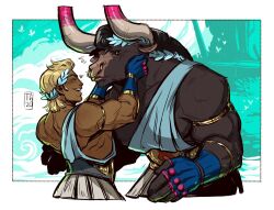 Rule 34 | 2boys, ancient greek clothes, asterius (hades), blonde hair, closed eyes, dark-skinned male, dark skin, furry, furry male, furry with non-furry, greco-roman clothes, hades (series), hades 1, hands on another&#039;s face, heart, interspecies, laurel crown, male focus, minotaur, multiple boys, muscular, muscular male, nose piercing, nose ring, open mouth, piercing, size difference, smile, tench, theseus (hades), yaoi