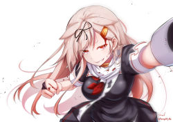Rule 34 | 1girl, baileys (tranquillity650), black gloves, black ribbon, black serafuku, bleeding, blonde hair, blood, breasts, floating hair, gloves, gradient hair, grin, hair flaps, hair ornament, hair ribbon, hairclip, highres, kantai collection, long hair, looking at viewer, medium breasts, messy hair, multicolored hair, neckerchief, pleated skirt, punching, red eyes, ribbon, scarf, school uniform, serafuku, signature, simple background, skirt, sleeve cuffs, smile, solo, torn clothes, torn scarf, twitter username, white background, yuudachi (kancolle), yuudachi kai ni (kancolle)