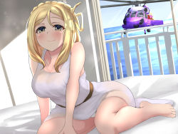 Rule 34 | 1girl, aircraft, artist name, bare legs, bare shoulders, bed, belt, blonde hair, blue sky, blush, braid, breasts, brown belt, brown eyes, butter curry, cloud, crown braid, feet, female focus, hair over shoulder, hair rings, helicopter, highres, indoors, looking at viewer, love live!, love live! sunshine!!, medium breasts, ocean, ohara mari, parted lips, shirt, short hair, sitting, skirt, sky, smile, solo, white shirt, white skirt, yellow eyes