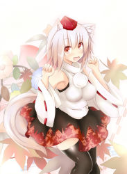 Rule 34 | 1girl, animal ears, arms up, black thighhighs, breasts, detached sleeves, fang, female focus, flower, gradient background, hat, inubashiri momiji, leaf, maple leaf, nijou makoto, open mouth, red eyes, shirt, silver hair, skirt, smile, solo, tail, thighhighs, touhou, white background, wolf ears, wolf tail, zettai ryouiki