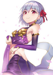 Rule 34 | 1girl, absurdres, arm warmers, bare shoulders, earrings, fate/grand order, fate (series), hair ribbon, highres, jewelry, kama (fate), kama (first ascension) (fate), looking back, pencil skirt, petals, purple hair, red eyes, ribbon, shirt, shirt tug, short hair, simple background, skirt, sleeveless, sleeveless shirt, smile, solo, user yjmv4437, white background