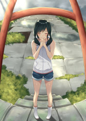 Rule 34 | 1girl, amano hina (tenki no ko), black hair, boots, commentary request, denim, denim shorts, closed eyes, fisheye, full body, highres, long hair, low twintails, outdoors, own hands together, praying, rubber boots, shirt, short shorts, shorts, sleeveless, sleeveless shirt, smile, solo, stairs, tenki no ko, torii, twintails, white footwear, white shirt, yuyuenimo