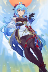 Rule 34 | 1girl, absurdres, ahoge, bare shoulders, bell, black gloves, black pantyhose, blue hair, blush, bodystocking, bodysuit, breasts, chinese knot, detached sleeves, flower knot, from below, ganyu (genshin impact), genshin impact, gloves, gold trim, high heels, highres, horns, keer bai luosi, long hair, looking at viewer, low ponytail, medium breasts, neck bell, outdoors, pantyhose, purple eyes, sidelocks, smile, solo, standing, tassel, thighlet, thighs, vision (genshin impact), waist cape, white sleeves