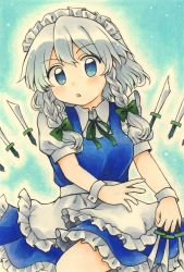 Rule 34 | :o, apron, blue eyes, blush, bow, braid, breasts, collared shirt, commentary request, dress, frilled apron, frilled dress, frills, green bow, green ribbon, hair bow, highres, izayoi sakuya, knife, maa (forsythia1729), maid, maid apron, maid headdress, open mouth, puffy short sleeves, puffy sleeves, ribbon, shirt, short hair, short sleeves, silver hair, small breasts, solo, touhou, traditional media, twin braids, waist apron, white apron, white shirt