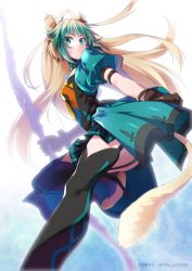 Rule 34 | 1girl, ahoge, animal ears, atalanta (fate), black thighhighs, blonde hair, bow (weapon), cat ears, cat tail, closed mouth, commentary request, dated, dress, dyed bangs, fate/apocrypha, fate/grand order, fate (series), floating hair, from below, garter straps, gauntlets, green eyes, green hair, holding, holding weapon, long hair, looking at viewer, multicolored hair, nina (pastime), puffy sleeves, short sleeves, solo, standing, standing on one leg, tail, thighhighs, twitter username, two-tone hair, weapon