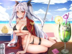 Rule 34 | 1girl, absurdres, aiguillette, antenna hair, arm support, artist name, azur lane, bare arms, bare legs, bare shoulders, barefoot, beach, beach mat, beer can, bikini, bird, black bikini, black ribbon, blue sky, breast hold, breasts, can, chick, cleavage, closed mouth, cloud, cloudy sky, collarbone, commentary request, condom, condom wrapper, cooler, crazy straw, cup, dated, day, drink can, drinking glass, drinking straw, epaulettes, food, fringe trim, fruit, hair between eyes, hair ribbon, heart straw, highres, horizon, jacket, jacket on shoulders, large breasts, lemon, lemon slice, light rays, long hair, looking at viewer, manjuu (azur lane), multicolored hair, o o, ocean, orange eyes, outdoors, pout, prinz eugen (azur lane), prinz eugen (unfading smile) (azur lane), red hair, red jacket, ribbon, sand, shade, ship, side-tie bikini bottom, sidelocks, silver hair, sitting, skindentation, sky, solo, streaked hair, sunbeam, sunlight, swimsuit, table, taitai, thigh strap, tropical drink, two side up, very long hair, water, watercraft, yokozuwari