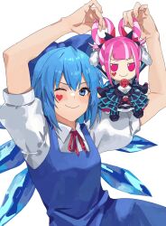 Rule 34 | &gt;:), 1girl, ;), blue bow, blue eyes, blush, bow, character doll, cirno, commentary, crossover, doll, fire emblem, fire emblem engage, fumo (doll), hair bow, highres, holding, holding doll, hortensia (fire emblem), ice, ice wings, kamu (kamuuei), looking at viewer, nintendo, one eye closed, pantyhose, pink eyes, pink hair, simple background, smile, striped clothes, striped pantyhose, touhou, v-shaped eyebrows, vertical-striped clothes, vertical-striped pantyhose, white background, wings