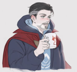 Rule 34 | 1boy, animal print, black coat, black hair, blue eyes, blue shirt, blush, cat print, cloak, coat, cup, doctor strange, facial hair, grey hair, hand up, holding, holding cup, hood, hooded coat, long sleeves, looking to the side, male focus, marvel, marvel cinematic universe, multicolored hair, open clothes, open coat, poboong123, puffy long sleeves, puffy sleeves, red cloak, shirt, short hair, solo, steam, teeth, two-tone hair, upper body