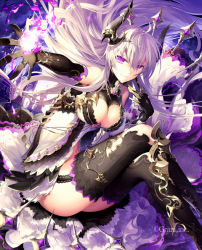 Rule 34 | 1girl, breasts, cleavage, company name, elbow gloves, fire, garter straps, gloves, horns, light purple hair, light smile, long hair, magic, nekonabe ao, official art, original, purple eyes, shingoku no valhalla gate, silver hair, solo, thighhighs