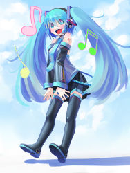Rule 34 | 1girl, black thighhighs, blue eyes, blue hair, boots, detached sleeves, hair ribbon, hatsune miku, headset, heart, heart-shaped pupils, highres, long hair, matching hair/eyes, musical note, necktie, open mouth, patorishia, patricia (stylish marunage), ribbon, shirt, skirt, smile, solo, symbol-shaped pupils, thigh boots, thighhighs, twintails, v arms, vocaloid