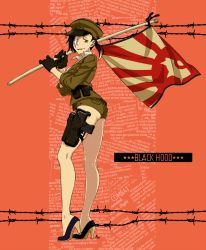 Rule 34 | 1girl, ass, barbed wire, black hair, black hood, blue eyes, breasts, earrings, flag, flagpole, full body, gloves, gun, hair over one eye, hat, high heels, highres, holster, jewelry, kamezaemon, looking at viewer, military, military uniform, multicolored hair, open mouth, original, ponytail, red background, short hair, short shorts, shorts, smile, solo, submachine gun, teeth, text focus, thigh holster, two-tone hair, uniform, weapon, white hair