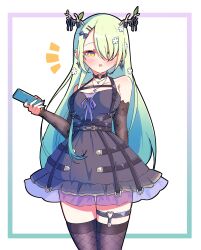 Rule 34 | 1girl, absurdres, antlers, black choker, black dress, black thighhighs, blush, cellphone, ceres fauna, ceres fauna (4th costume), choker, detached sleeves, dress, flower, green hair, hair flower, hair ornament, hair over one eye, hairpin, heart, heart choker, heart o-ring, highres, holding, holding phone, hololive, hololive english, horns, long hair, looking at viewer, mole, mole under eye, o-ring, o-ring thigh strap, official alternate costume, open mouth, phone, see-through, see-through sleeves, shutowl, sleeveless, sleeveless dress, smartphone, solo, thigh strap, thighhighs, virtual youtuber, yellow eyes