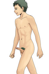 Rule 34 | 1boy, ansatsu kyoushitsu, erection, green hair, highres, justice kimura, male focus, male pubic hair, nipples, nude, nudist, penis, pubic hair, simple background, testicles, uncensored, walking, white background