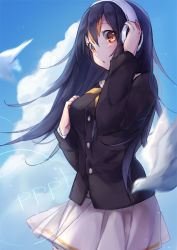 Rule 34 | 10s, 1girl, bad id, bad pixiv id, bird, black hair, black shirt, blurry, blush, breasts, brown eyes, chariot.f, cloud, day, depth of field, from side, gentoo penguin (kemono friends), group name, hair between eyes, headphones, kemono friends, long hair, long sleeves, medium breasts, outdoors, parted lips, pleated skirt, school uniform, serafuku, shirt, skirt, sky, solo, white skirt, wind