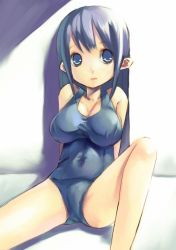 Rule 34 | 1girl, blue eyes, blue hair, blue one-piece swimsuit, breasts, cleavage, covered navel, cropped legs, crotch, knee up, large breasts, long hair, looking at viewer, mikage sekizai, one-piece swimsuit, school swimsuit, shadow, sitting, solo, spread legs, swimsuit