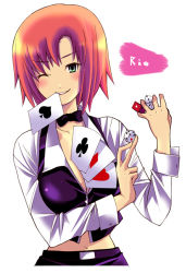 Rule 34 | 1girl, between breasts, blush, breasts, card, card between breasts, croupier, dice, green eyes, midriff, mouth hold, navel, one eye closed, red hair, rio rollins, short hair, solo, standing, super blackjack, wink, yuutarou
