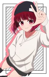 Rule 34 | 1girl, absurdres, arima kana, black footwear, black headwear, black shorts, closed mouth, commentary, highres, jewelry, necklace, nm (blue-rapid), oshi no ko, red eyes, red hair, shoes, shorts, smile, solo, sweater, w, white sweater