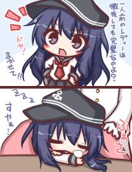 Rule 34 | 1girl, :d, admiral (kancolle), akatsuki (kancolle), black hat, black sailor collar, black skirt, blush, blush stickers, chibi, closed eyes, commentary request, covering with blanket, flat cap, gloves, hands on own hips, hat, jacket, kantai collection, komakoma (magicaltale), long hair, long sleeves, looking at viewer, military jacket, neckerchief, nose bubble, open mouth, pleated skirt, purple eyes, purple hair, red neckerchief, sailor collar, school uniform, serafuku, shirt, sideways hat, skirt, sleeping, smile, v-shaped eyebrows, very long hair, white gloves, white jacket, white shirt, zzz