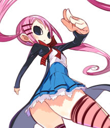 Rule 34 | 1girl, :&lt;, ass, black eyes, blush, commentary request, from below, hair ornament, hairclip, harada takehito, inuzuka shino, jacket, looking at viewer, nejimaki kagyuu, open clothes, open jacket, pink hair, simple background, skirt, solo, striped clothes, striped thighhighs, thighhighs, twintails, white background