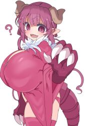 Rule 34 | 1girl, ?, breasts, claws, commentary request, cool-kyou shinja, dragon girl, dragon horns, dragon tail, dress, highres, horns, huge breasts, ilulu (maidragon), kobayashi-san chi no maidragon, long hair, looking at viewer, open mouth, pink dress, pink thighhighs, pointy ears, red eyes, sharp teeth, simple background, slit pupils, smile, solo, tail, teeth, thighhighs, white background