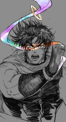 Rule 34 | 1boy, bare shoulders, battle tendency, blue eyes, highres, jewelry, jojo no kimyou na bouken, joseph joestar, joseph joestar (young), male focus, partially colored, ribbon, ring, scarf, solo, spot color, xing xiao