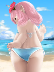 Rule 34 | 10s, 1girl, adjusting clothes, adjusting swimsuit, arm up, ass, beach, bikini, black sclera, blue bikini, cloud, colored sclera, day, final fantasy, final fantasy xiv, flat chest, flower, from behind, hair flower, hair ornament, highres, konbu326, lalafell, leaning forward, looking back, ocean, outdoors, pink eyes, pink hair, pointy ears, short hair, side-tie bikini bottom, sky, solo, swimsuit, thigh gap