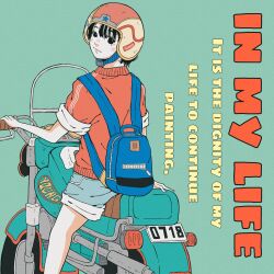 Rule 34 | 1girl, backpack, bag, black eyes, black hair, blue bag, closed mouth, english text, green background, helmet, highres, looking back, motor vehicle, on scooter, original, red shirt, scooter, shirt, shorts, solo, young and emotion
