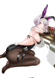 Rule 34 | 1girl, absurdres, animal ears, ass, azur lane, black bra, black leotard, bra, breasts, brown pantyhose, elbow gloves, fake animal ears, fake tail, full body, gloves, highres, large breasts, leaning forward, leotard, light purple hair, mianbaoren, official alternate costume, pantyhose, playboy bunny, purple eyes, rabbit ears, rabbit tail, reno (azur lane), reno (reno bunnino) (azur lane), side-tie leotard, simple background, single elbow glove, solo, tail, thigh strap, underwear, white background