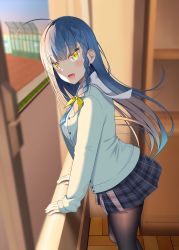 Rule 34 | 1girl, :d, ahoge, black pantyhose, blue cardigan, blue hair, blue neckwear, blurry, blurry background, blush, braid, breasts, cardigan, commentary request, depth of field, feet out of frame, from side, grey skirt, gurande (g-size), hair ribbon, highres, indoors, long hair, looking at viewer, looking to the side, medium breasts, open cardigan, open clothes, open mouth, original, pantyhose, pleated skirt, ribbon, sailor collar, shirt, single braid, skirt, smile, solo, very long hair, white sailor collar, white shirt, window, wooden floor, yellow eyes, yellow ribbon