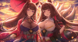 Rule 34 | 2girls, absurdres, akagi (azur lane), amagi (azur lane), animal ear fluff, animal ears, azur lane, black gloves, black kimono, blunt bangs, bodysuit, bodysuit under clothes, breasts, brown hair, cleavage, cloud, cloudy sky, coat, commentary request, covered collarbone, eyebrows hidden by hair, eyeliner, fox ears, fox girl, fox tail, gloves, hair ornament, hair ribbon, hakama, hakama short skirt, hakama skirt, hand up, head tilt, highres, holding, holding umbrella, japanese clothes, kimono, large breasts, long hair, looking at viewer, makeup, multiple girls, multiple tails, oil-paper umbrella, orange sky, pafekui, parted lips, pointing, purple eyes, purple kimono, red coat, red skirt, ribbon, sakuramon, shirt, signature, skirt, sky, smile, standing, sunlight, tail, thick eyebrows, tress ribbon, twilight, umbrella, upper body, white shirt, wide sleeves