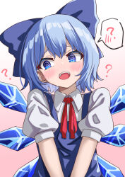 Rule 34 | 1girl, ?, @ @, absurdres, blue bow, blue dress, blue eyes, blue hair, blush, bow, cirno, collared shirt, commentary request, detached wings, dress, hair bow, highres, ice, ice wings, kabi killer, medium hair, open mouth, pinafore dress, puffy short sleeves, puffy sleeves, shirt, short sleeves, sleeveless, sleeveless dress, solo, speech bubble, sweat, touhou, white shirt, wings