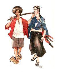 Rule 34 | 2boys, anger vein, black footwear, black hair, black pants, blue kimono, brown footwear, brown hair, brown shorts, closed eyes, closed mouth, commentary, commission, english commentary, finger to mouth, full body, geta, glasses, haori, holding, holding sword, holding weapon, jacket, japanese clothes, jin (samurai champloo), katana, kimono, long hair, looking at another, male focus, mugen (samurai champloo), multiple boys, neomonki, pants, red jacket, samurai champloo, sheath, sheathed, shirt, short hair, shorts, shushing, signature, simple background, smile, spiked hair, sword, walking, weapon, white background, white shirt