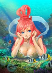 Rule 34 | 1boy, 1girl, black hair, blue eyes, breast rest, breasts, bubble, cleavage, coral, crossed arms, fish, fishman island, giant, giantess, grin, hat, head rest, highres, indian style, long hair, mermaid, monkey d. luffy, monster girl, one piece, pink hair, ren108, shirahoshi, sitting, size difference, smile, straw hat, underwater