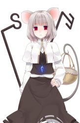 Rule 34 | 1girl, animal ears, basket, capelet, crote, dowsing rod, female focus, grey hair, hand on own hip, highres, jewelry, long sleeves, looking at viewer, mouse ears, mouse tail, nazrin, necklace, pendant, red eyes, shirt, short hair, skirt, skirt set, solo, tail, touhou, transparent background