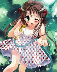 Rule 34 | 1girl, :d, ;d, blush, breasts, cleavage, downblouse, dress, green eyes, hair bobbles, hair ornament, highres, hose, one eye closed, open mouth, polka dot, polka dot dress, short twintails, smile, solo, sundress, tanihara natsuki, twintails, water, wet, wet clothes