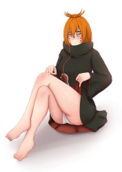 Rule 34 | 1girl, absurdres, akatsuki uniform, animal path, ass, bare legs, barefoot, black robe, breasts, chikushoudou pain, clothes lift, cloud print, crossed legs, dress, dress lift, embarrassed, feet, full body, hair between eyes, hands up, highres, knees up, legs, lifting own clothes, looking at viewer, medium breasts, medium hair, naruto (series), naruto shippuuden, orange hair, pain (naruto), panties, piercing, purple eyes, rinnegan, robe, robe lift, seisen, simple background, sitting, solo, symbol-shaped pupils, thighs, underwear, upskirt, wavy mouth, white panties