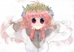 Rule 34 | 00s, 1girl, arms up, asasow, blush, brooch, eyebrows, flower, galaxy angel, hands on own head, head wreath, jewelry, long hair, long sleeves, looking at viewer, milfeulle sakuraba, pink hair, purple eyes, simple background, smile, solo, tareme, upper body, white background