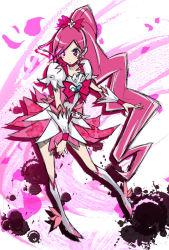 Rule 34 | 10s, 1girl, boots, bow, brooch, cure blossom, hanasaki tsubomi, heart, heart brooch, heartcatch precure!, jewelry, knee boots, long hair, magical girl, pink background, pink eyes, pink hair, pink theme, ponytail, precure, sakebuotoko, skirt, solo, very long hair