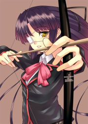Rule 34 | 1girl, arrow (projectile), bad id, bad pixiv id, black hair, bow, bow (weapon), drawing bow, eyepatch, furai, hair ribbon, holding bow (weapon), koshiki miyuki, little busters!, pink bow, purple hair, ribbon, solo, weapon, yellow eyes