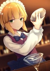 Rule 34 | 1girl, apron, bartender, blonde hair, blue apron, blue bow, blue bowtie, blurry, blurry background, bow, bowtie, brown vest, closed mouth, cocktail glass, cocktail shaker, commentary request, cup, cutlass (girls und panzer), depth of field, drinking glass, frilled apron, frills, girls und panzer, hair bow, hands up, highres, holding, indoors, kashiwagi yamine, long sleeves, maid headdress, shirt, solo, vest, white bow, white shirt, yellow eyes