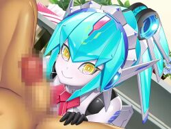 Rule 34 | 1boy, 1girl, :&gt;, android, aqua hair, armor, arnetes, asahi, breasts, censored, colored skin, detached collar, erection, game cg, hetero, high ponytail, huge breasts, impossible clothes, interspecies, joints, lilith-soft, long hair, looking at another, mecha musume, mechanical arms, mechanical hair, no humans, nude, penis, ponytail, robot girl, robot joints, smile, taimanin (series), taimanin rpgx, tongue, tongue out, v, white skin, wide hips, yellow eyes