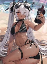 Rule 34 | 1girl, absurdres, alternate breast size, arm support, ass, aviator sunglasses, bare arms, beach, bikini, black bikini, blue archive, bottle, breasts, cleavage, dark-skinned female, dark skin, day, eyes visible through hair, eyewear on head, hair over one eye, highres, holding, holding bottle, iori (blue archive), iori (swimsuit) (blue archive), large breasts, long hair, looking at viewer, lotion, lounging, lying, ocean, on side, open mouth, outdoors, pointy ears, red eyes, sand, side-tie bikini bottom, sidelocks, sketch, solo, squiggle, stomach, sunglasses, sunlight, sunscreen, sweat, swept bangs, swimsuit, the olphy, thigh strap, thighs, twintails, very long hair, water, white hair